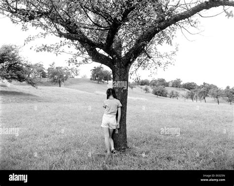 1960 Vista Posterior De La Niña Por El árbol Permanente Fotografía De
