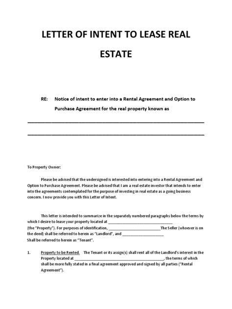 letter  intent  lease real