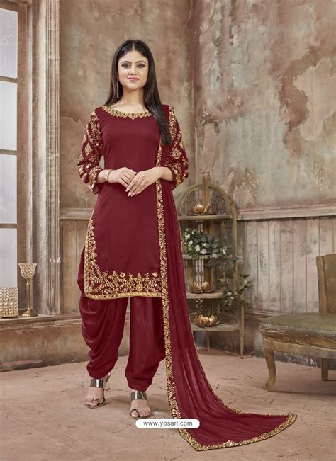 Buy Maroon Embroidered Party Wear Punjabi Patiala Suits