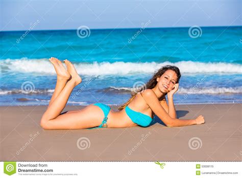 Brunette Tourist Lying In Beach Sand Tanning Happy Stock Image Image
