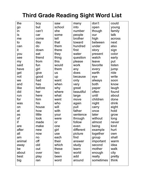 grade reading sight word list  grade spelling words