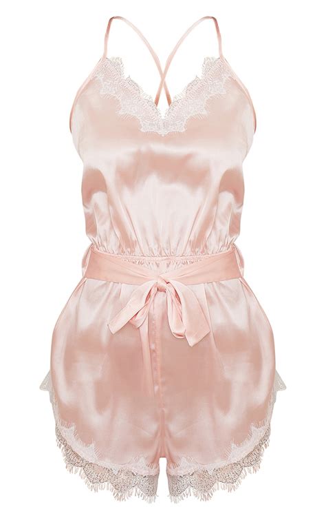 pink lace trim satin tie front short teddy prettylittlething