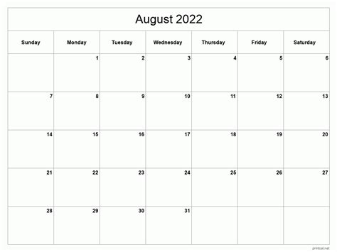 printable august  calendar template  full page blank grid