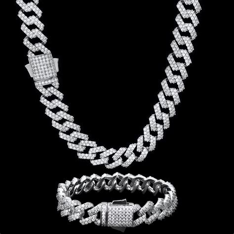 12mm Iced Out Prong Link Cuban Link Chain And Bracelet Set In White