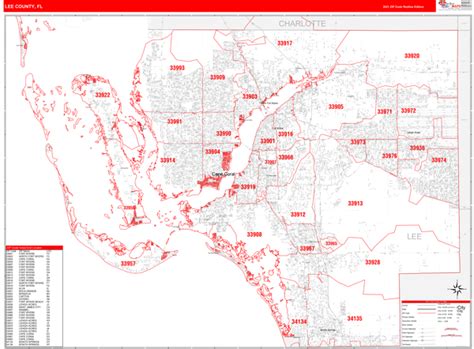 Lee County Fl Zip Code Wall Map Red Line Style By Marketmaps Mapsales