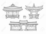 Korean Traditional Architecture Hanok Vector Drawing Chinese House Palace Japanese Culture Outline Asian Building Illustration Drawings Village Temple Sketch Ancient sketch template