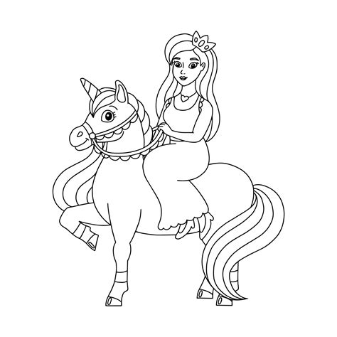 princess  riding  unicorn coloring book page  kids cartoon
