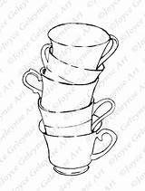 Coloring Stack Stamp Teacups Digital Drawing Freehand Dishes Getdrawings Line Teacup Instant Commercial Kitchen Use sketch template