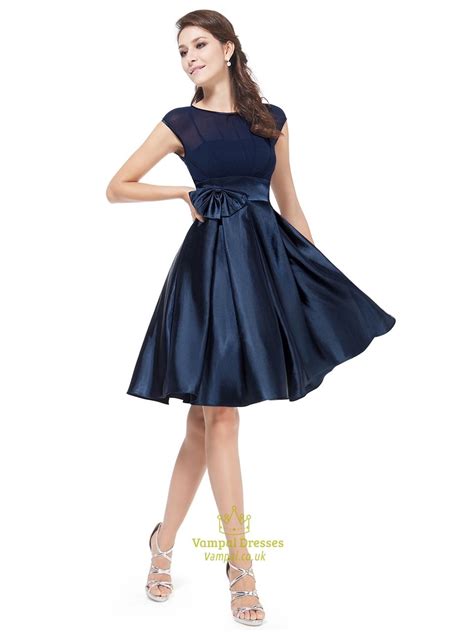 Navy Blue Knee Length Chiffon And Satin Cocktail Dress With Cap Sleeves