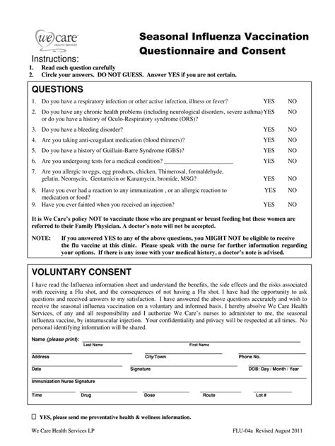 Fillable Online Okanagan Bc Seasonal Flu Vaccination Questionnaire
