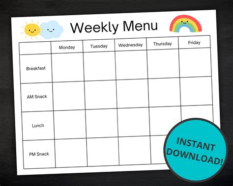 daycare weekly menu printable weekly menu  daycare etsy