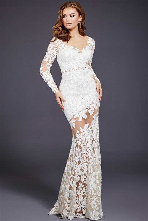 Jovani 32607 White Lace Long Sleeve Dress Prom Dresses Jovani White