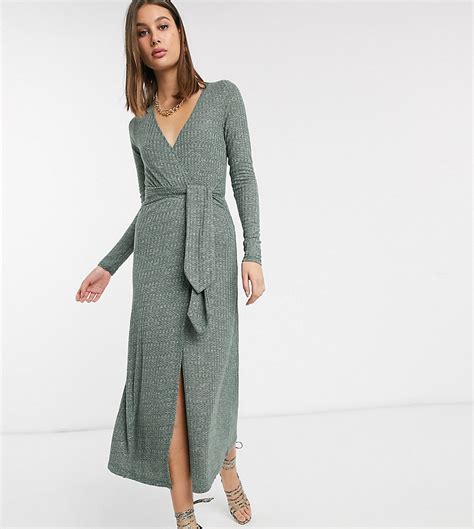 asos design tall halflange jurk met lange mouwen en riem groen tall fashion