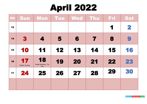 april  calendar  holidays