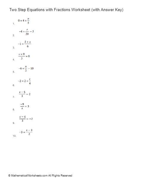 step equations  fractions worksheet  answer key