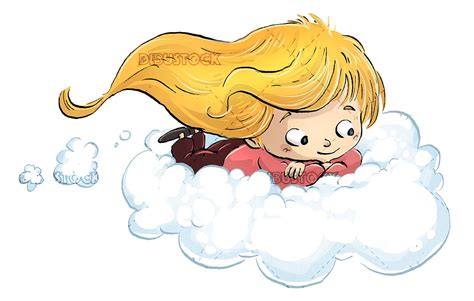 Girl Flying Over A Cloud With Isolated Background Illustrations From