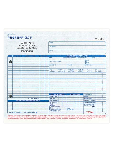automotive work order template excel printable templates