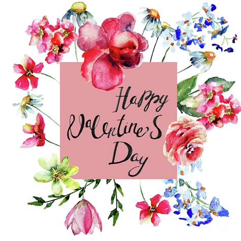Card With Title Happy Valentine Day And Flowers Painting
