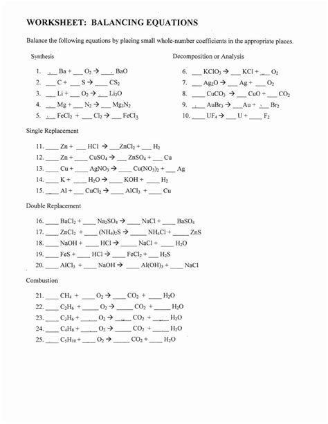 balancing chemical equations practice worksheet  answers grade