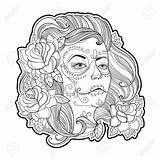 Catrina Skull Sugar Girl Calavera Coloring Face Dead Roses Mexican Makeup Vector Drawing La Muertos Dia Tattoo Los Illustration Isolated sketch template
