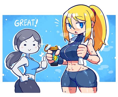 samus aran and wii fit trainer metroid and 1 more drawn