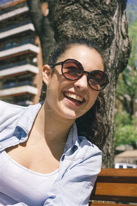 Woman With Sunglasses Laughing High Quality People