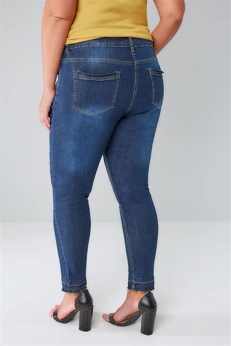 indigo rip and repair skinny ava jeans with raw cuffs plus size 16 to 32