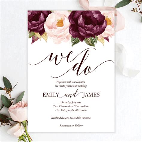 amazing wedding invitation template burgundy flowers watercolor