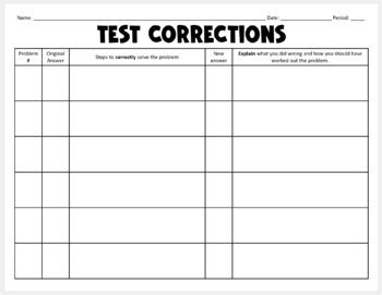 test corrections worksheet  lisa davenport teachers pay teachers