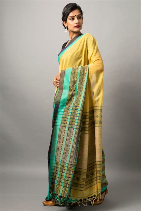 khadi cotton sari stuning hues of teal and yellow with chic tasseled border