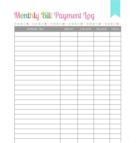 printable monthly bill payment log money saving tips