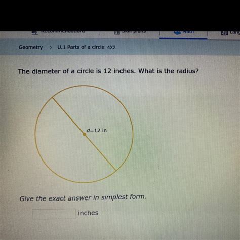 diameter   circle   inches    radius   give