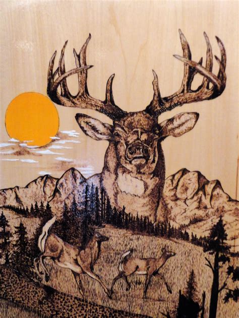 dhc art wood burning carving deer mountains moon  special