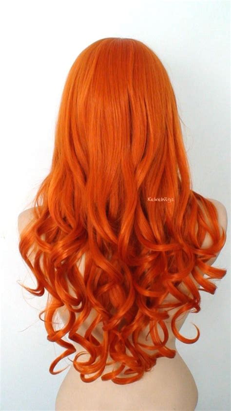 26 Orange Long Curly Hair Long Side Bangs Wig Kekewigs
