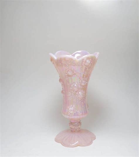 Vintage Signed Fenton Pink Rose Opalescent Carnival Glass Vase Fenton