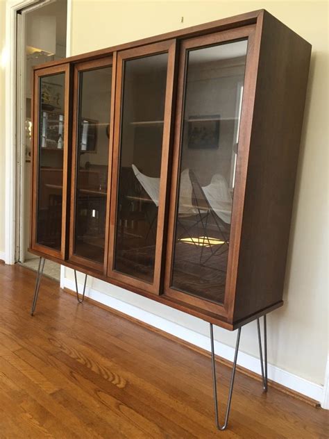 Walnut Display Cabinet With Glass Fronted Sliding Doors And Interior