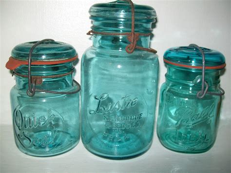 3 antique blue glass top mason jars ball quick seal lustre