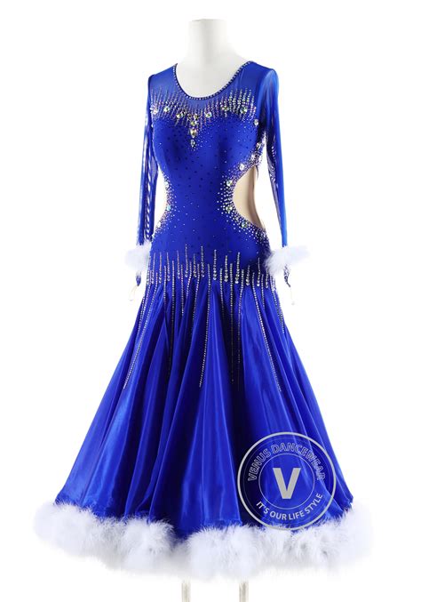 royal blue gown  white feather ballroom smooth competition dance dress
