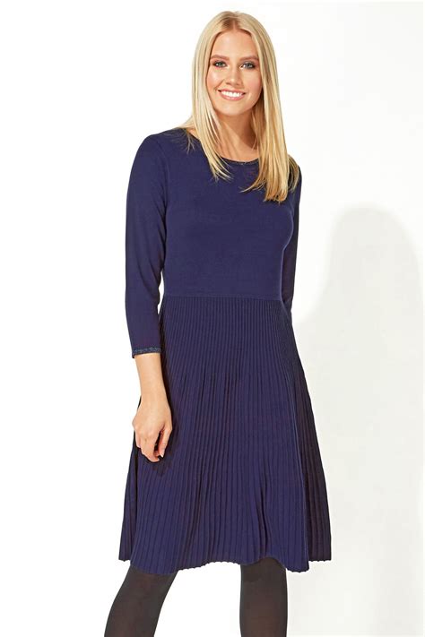 Fit And Flare Knitted Dress In Navy Roman Originals Uk