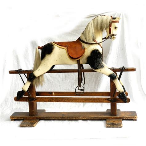 antique rocking horse white  black  horse hair tail