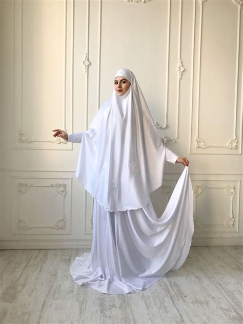 elegant white muslim suit silk bridal jilbab wedding khimar etsy long sleeve bridal dresses