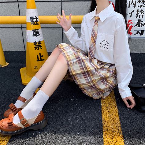 Japanese Girls Spring Autumn Long Sleeve White Shirt And High Waist