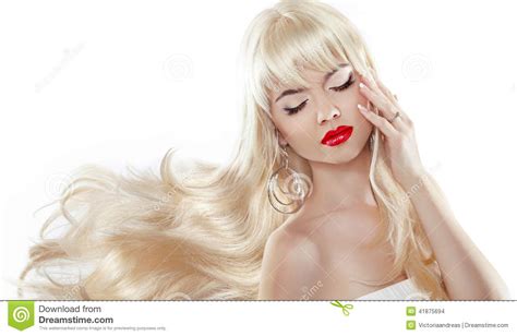 Blond Long Hair Sensual Woman With Red Lips Professional