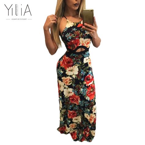 Yilia 2017 Sexy Floral Long Maxi Beach Dresses Casual Summer Women