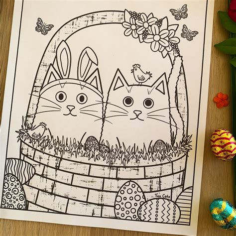 happy easter cat colouring page instant  printable etsy