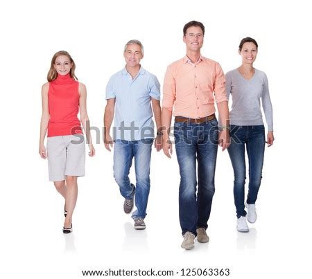 group   people walking  camera isolated  white stock