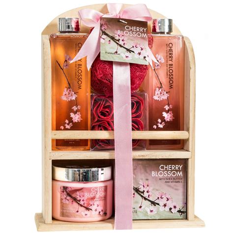 cherry blossom spa gift set   natural wood caddy bath gift set