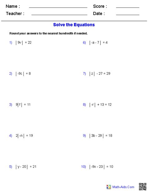 solving absolute  equations worksheet answers algebra