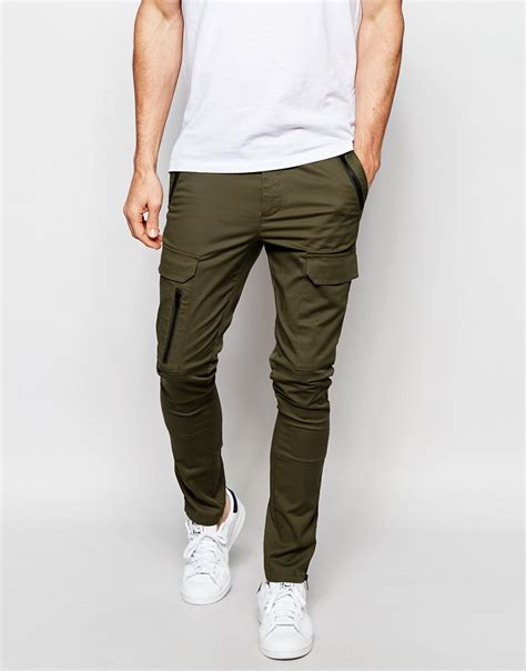 asos super skinny pants  zip cargo pockets  khaki green  green  men lyst