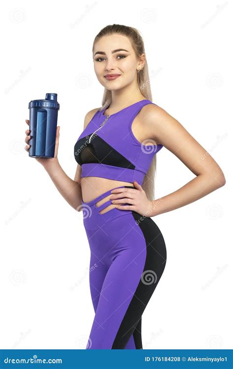 Sporty Slim Fitness Woman Girl Holding Sport Bottle Healthy Woman
